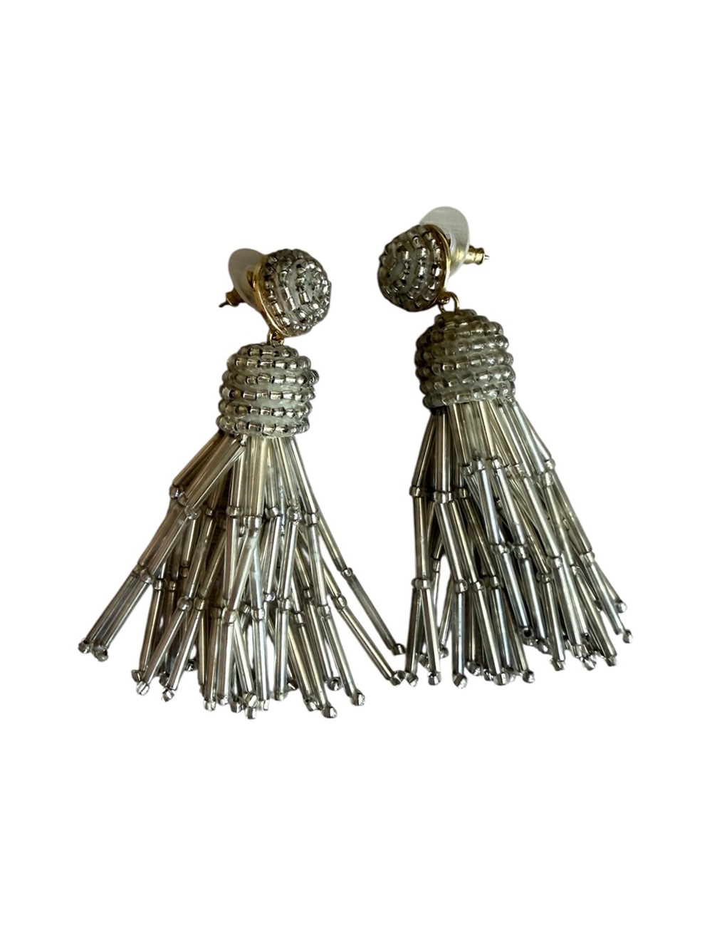 Silver Beaded Tassel Statement Earrings Fringe Dangle Boho Festival